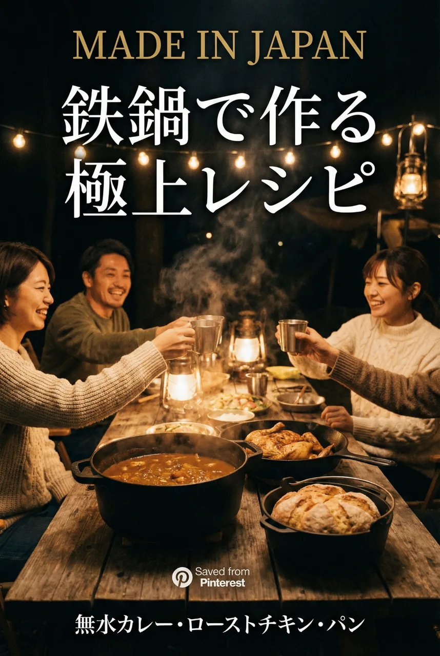 キャンプの夜、ランタンの灯りの下で南部鉄器料理を囲んで食事をしている楽しい風景