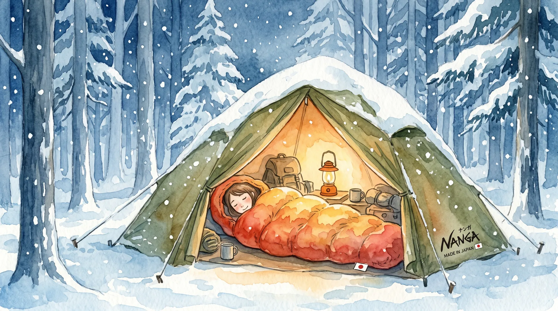 冬の雪中キャンプでテントの中でNANGAのシュラフに包まって暖かく眠るキャンパーの水彩画風イラスト