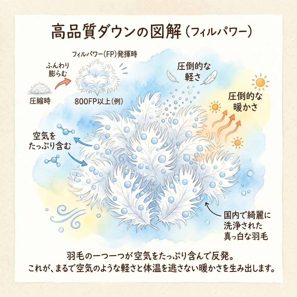 高品質なダウン（羽毛）のふわふわとした復元力（フィルパワー）を示す図解イラスト