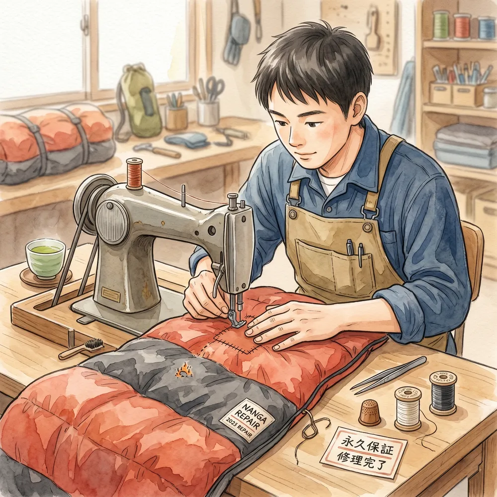 破れたシュラフの生地を日本の職人がミシンで丁寧に修理している様子の水彩画風イラスト