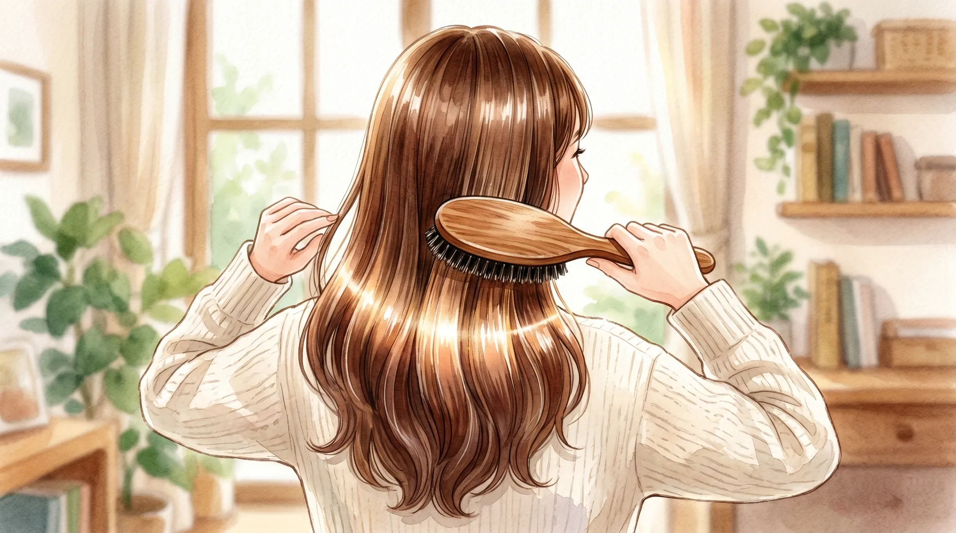 天然毛ヘアブラシで髪をとかすことで、パサついていた髪に美しい天使の輪（ツヤ）が生まれる様子を描いた水彩画風イラスト