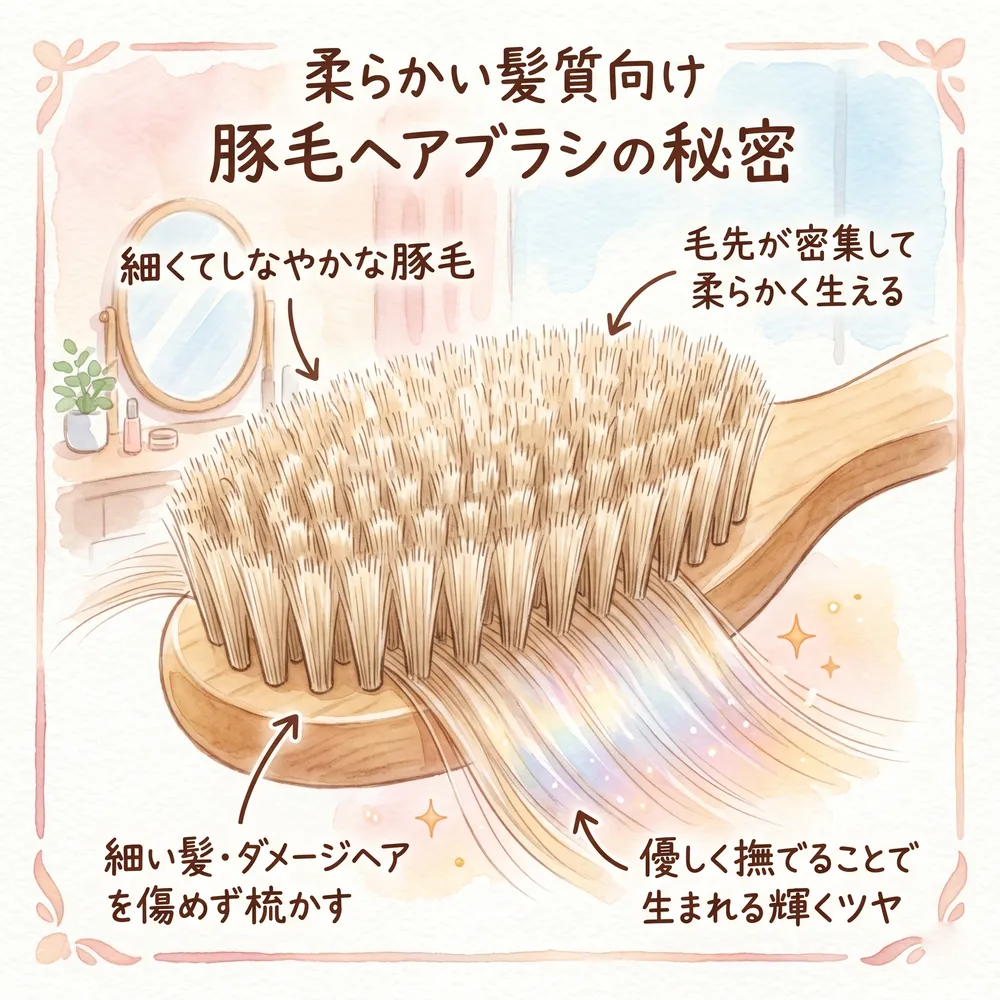 細くしなやかな豚毛のブラシが、細い髪やダメージヘアを優しく梳かしている様子を示す図解イラスト