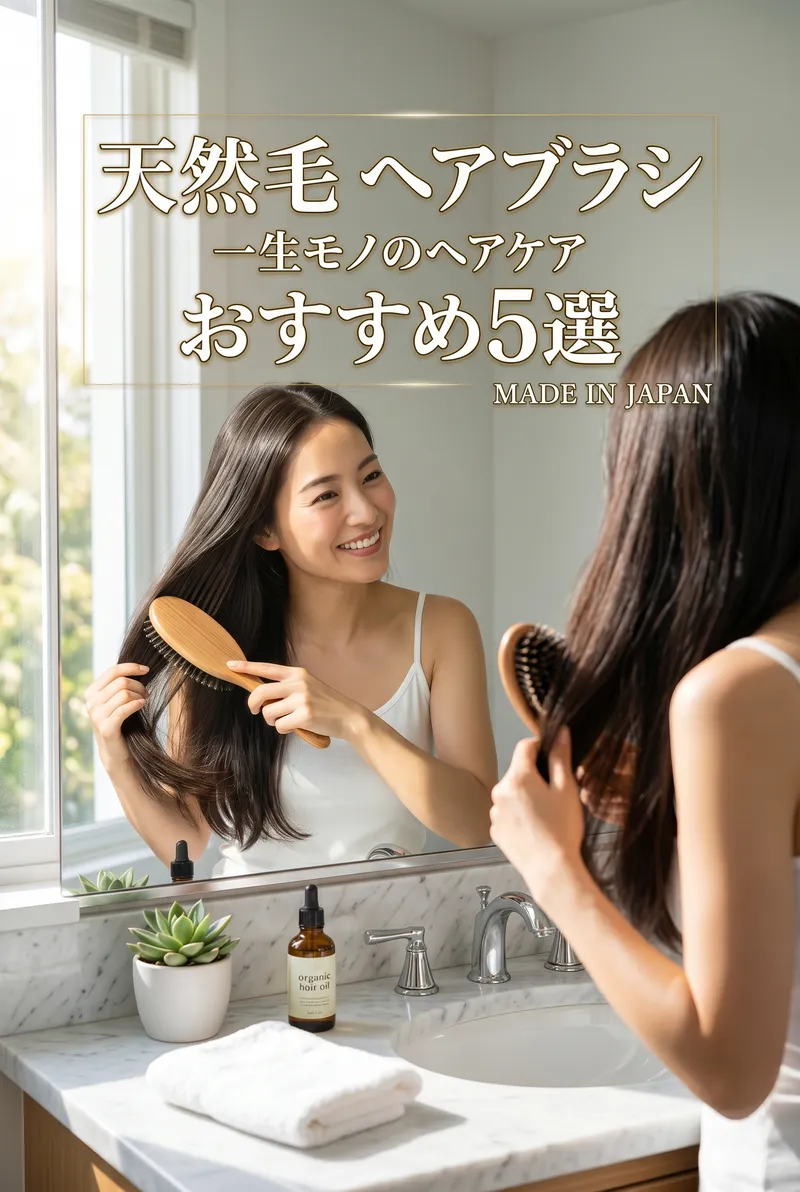 美しいツヤ髪の女性が、高品質な木製の天然毛ヘアブラシを手に持ち、鏡の前で笑顔を見せているまとめイメージ