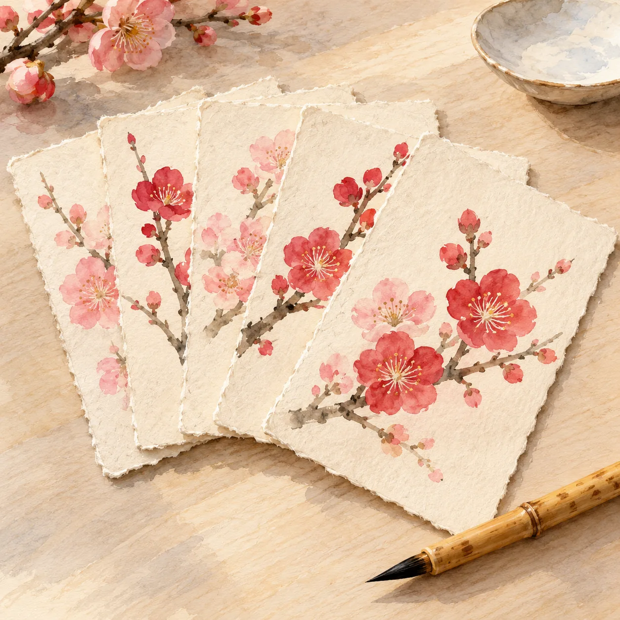 梅の花の絵を刷った耳付きの和紙はがきを、扇形に広げて机に置いた水彩イラスト