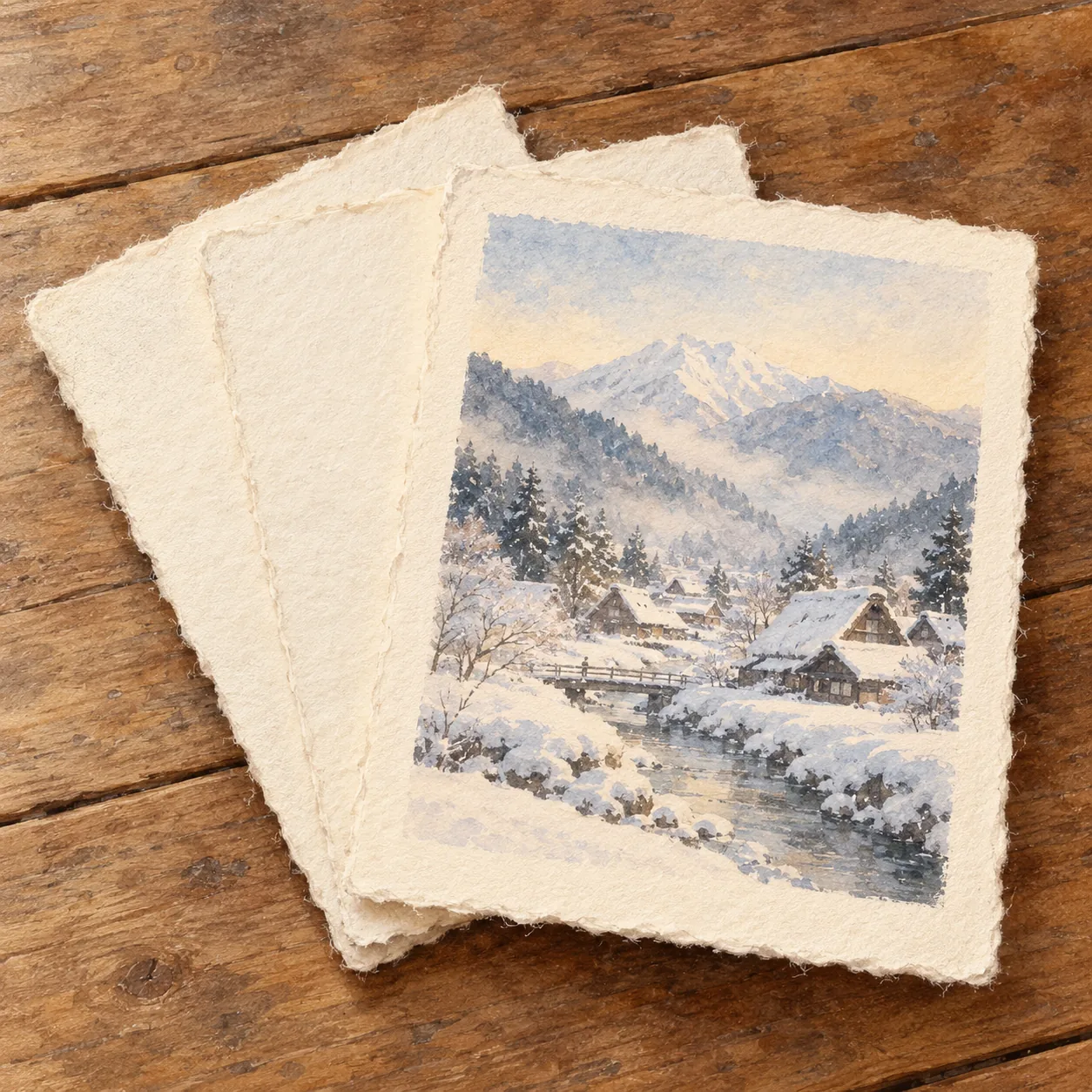 冬景色の写真を刷った、四辺に耳のある生成り色の和紙はがきを数枚重ねた水彩イラスト