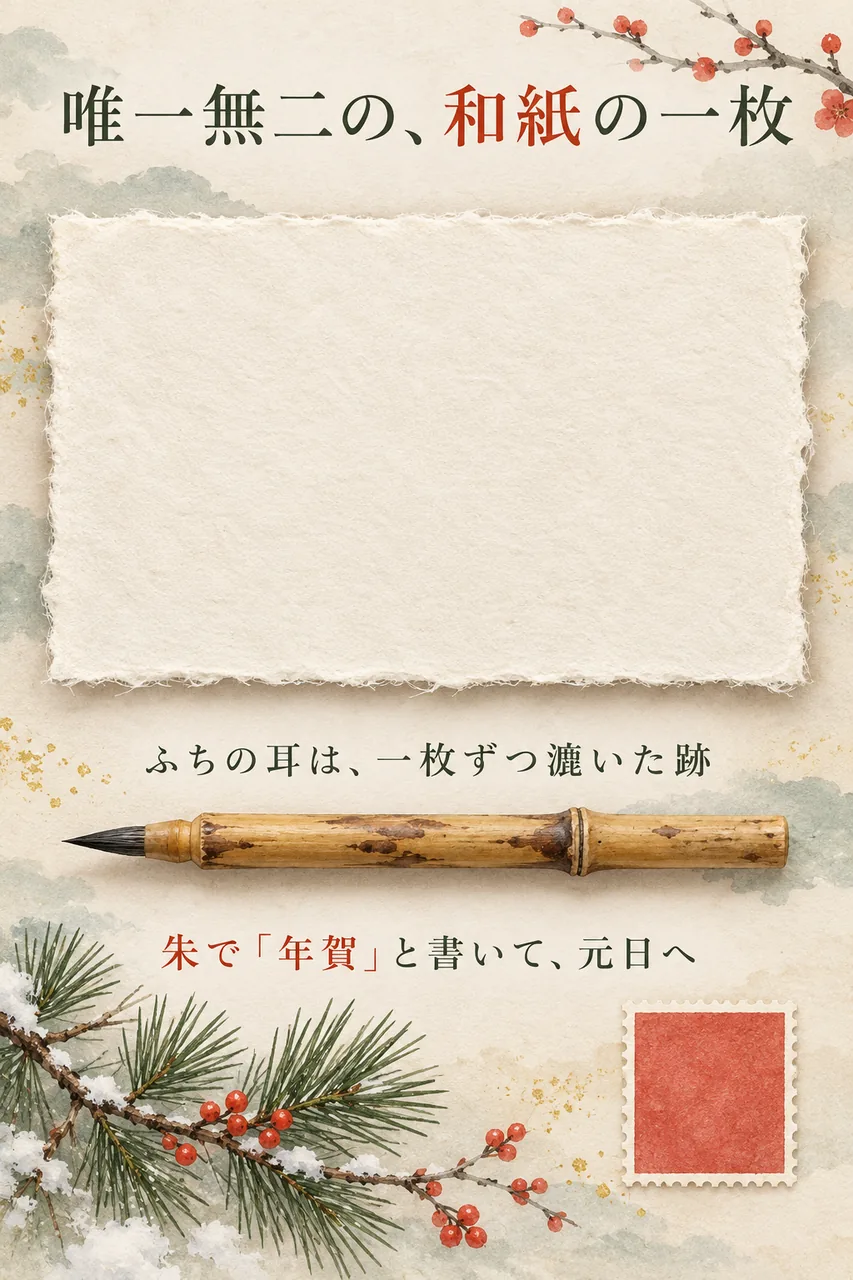 耳付きの和紙はがき、竹軸の筆ペン、切手を縦に並べた、和紙の年賀状のまとめイラスト