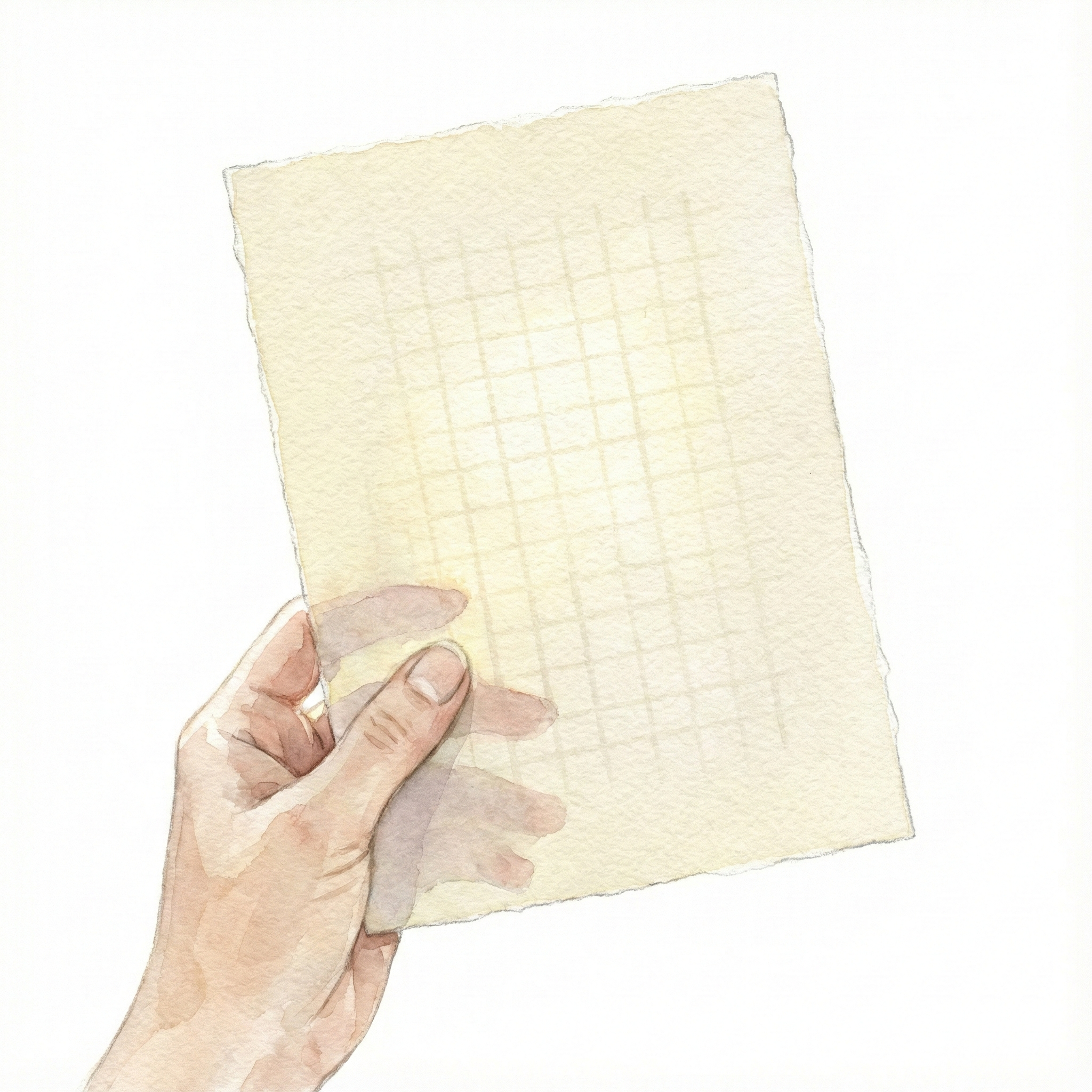 高級ノートの紙を光にかざし、簀の目（レイドパターン）の透かしを確認しているイラスト