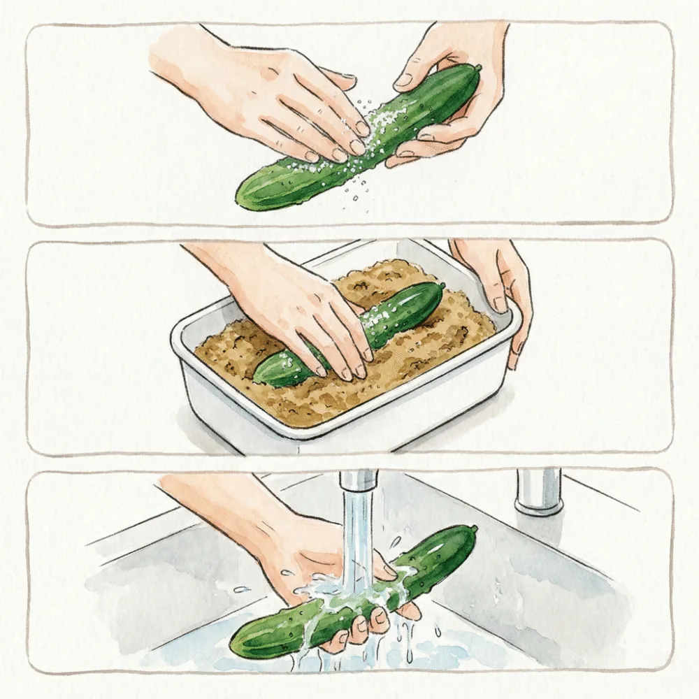 野菜を塩もみし、ぬか床に埋め、取り出して洗うまでの3ステップを描いたイラスト