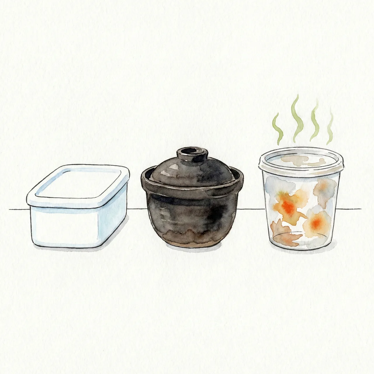 白い野田琺瑯、黒い萬古焼の壺、透明なプラスチック容器を並べた比較イラスト