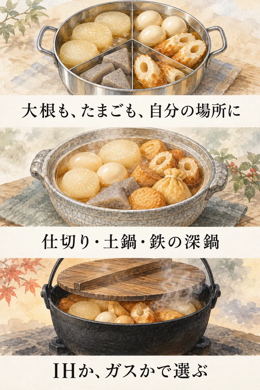 仕切り付きの鍋、貫入の土鍋、木蓋の鉄鍋を縦に並べ、それぞれでおでんが煮えているまとめイラスト