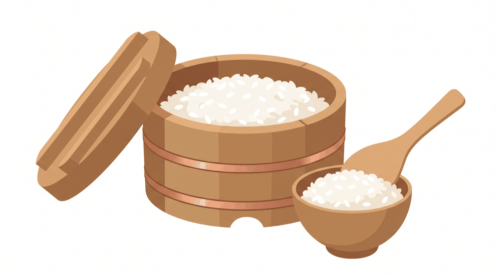 木のおひつにふっくらと盛られた白いご飯のイメージイラスト