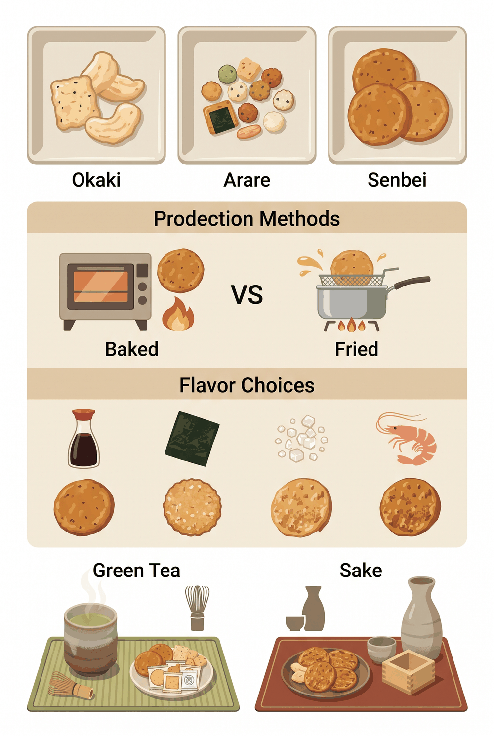 高級おかき・あられの選び方・種類の違い・お茶とお酒の相性まとめインフォグラフィック