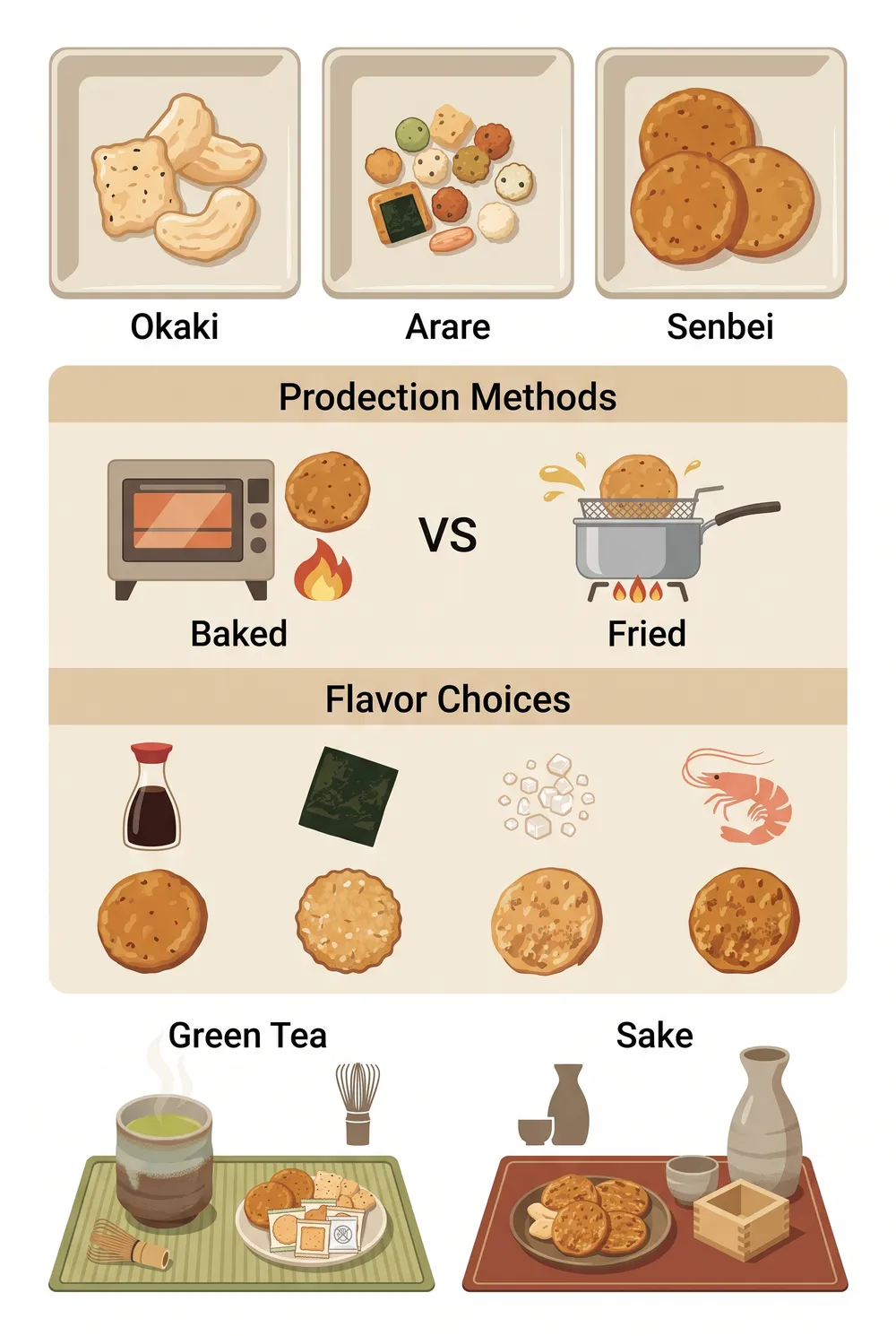高級おかき・あられの選び方・種類の違い・お茶とお酒の相性まとめインフォグラフィック