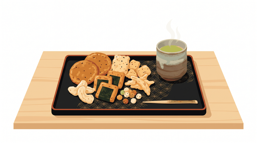 香ばしく焼き上がった名店の高級おかき・あられの詰め合わせと、緑茶を添えたイメージイラスト