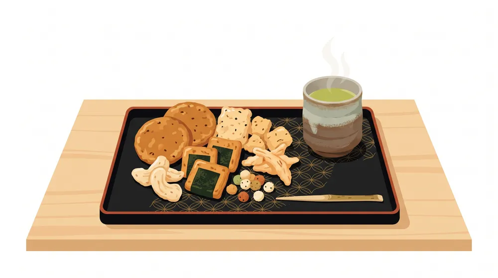 香ばしく焼き上がった名店の高級おかき・あられの詰め合わせと、緑茶を添えたイメージイラスト