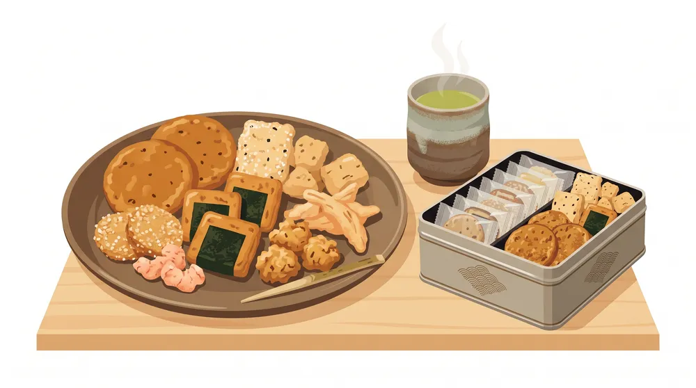 焼きおかきと揚げおかき、醤油・海苔・ザラメ・海老など味の異なるおかきと、缶入り個包装の詰め合わせを並べたイラスト