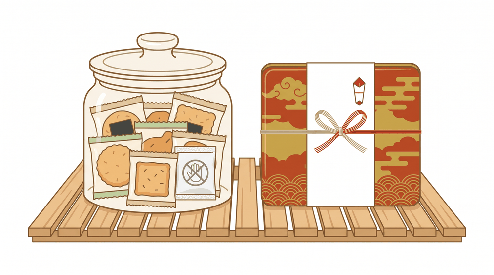 個包装のおかきを密閉して保存する様子と、のし付きの缶入りギフトを描いたイラスト