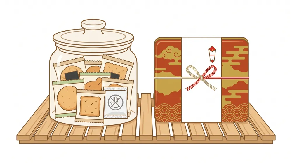 個包装のおかきを密閉して保存する様子と、のし付きの缶入りギフトを描いたイラスト