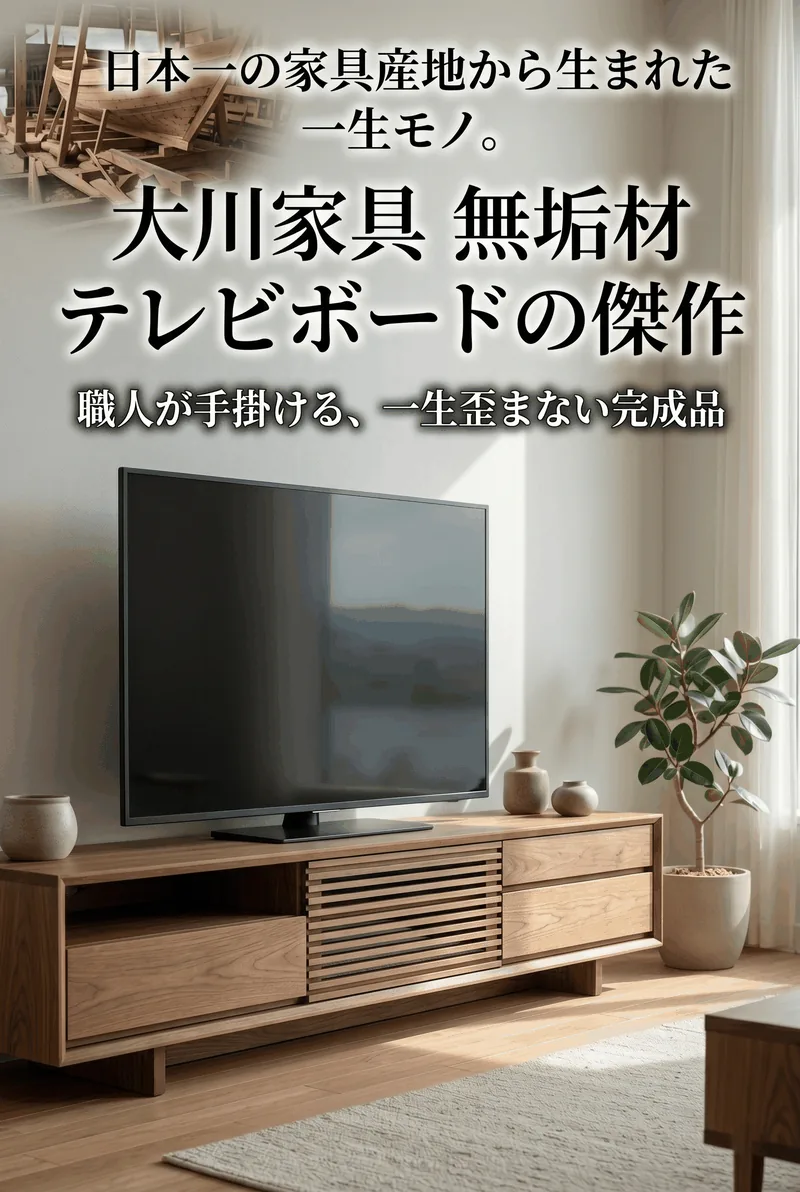 美しい木製の収納家具とシンプルなインテリアを描いた縦長デザイン