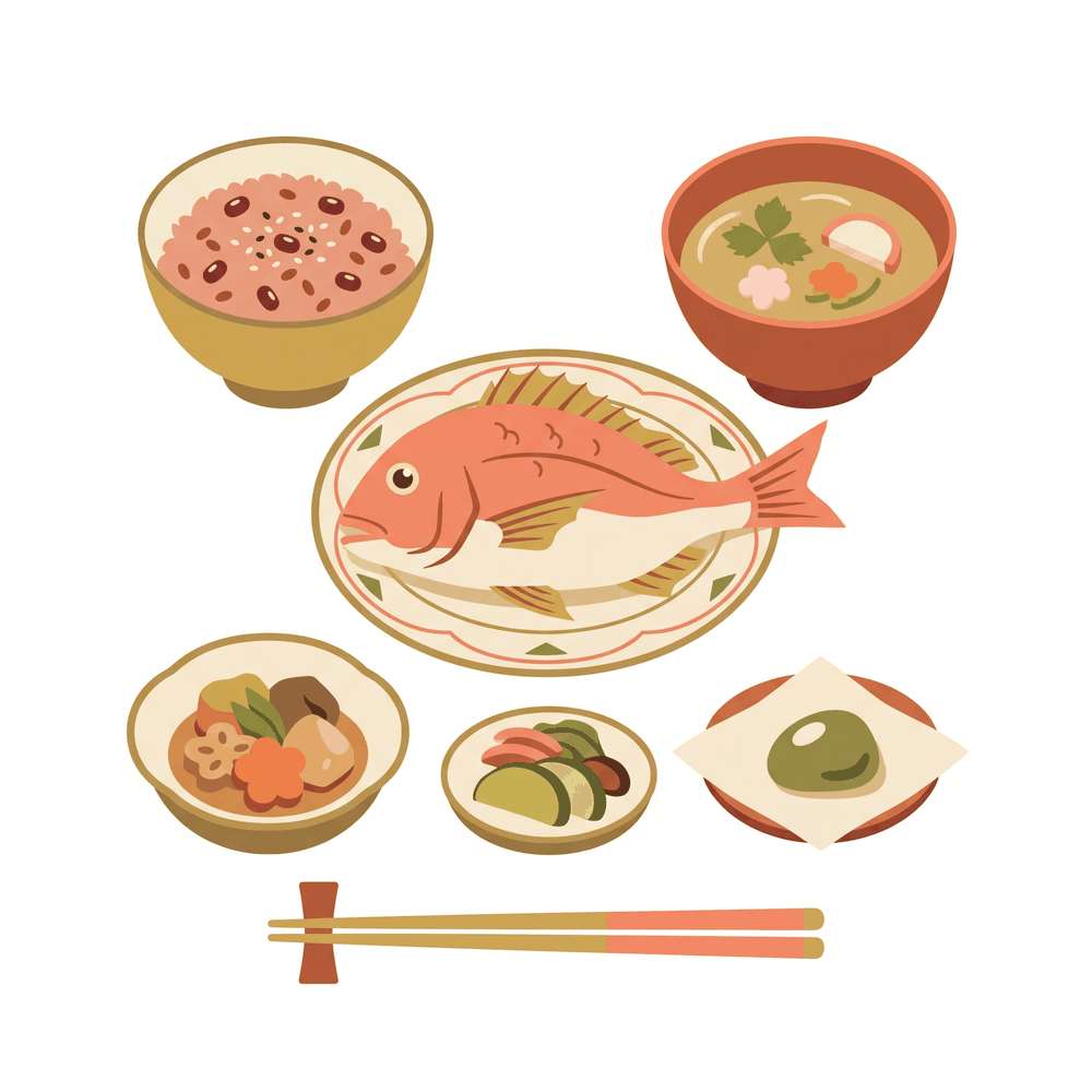 鯛・赤飯・お吸い物・煮物・香の物・歯固めの石を並べた、お食い初めの一汁三菜のイラスト
