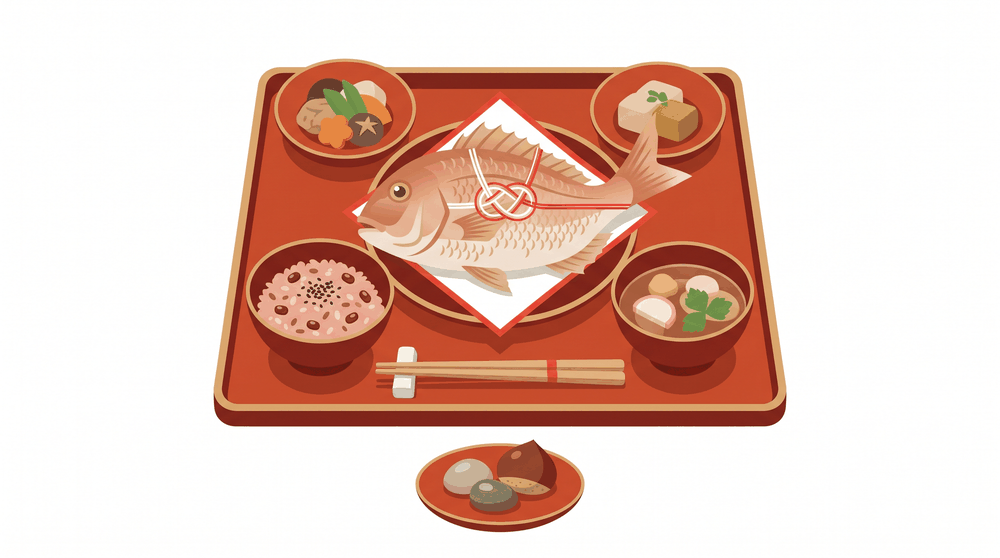 漆器の祝い膳に鯛や赤飯を美しく盛り付けた、お食い初めのイメージイラスト