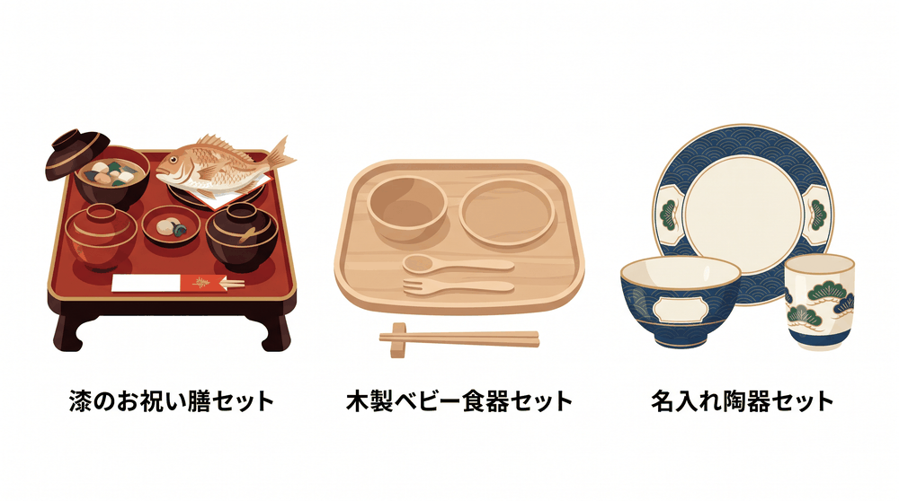 漆器の祝い膳・木製ベビー食器・名入れ陶器のお食い初めセットを並べたイラスト