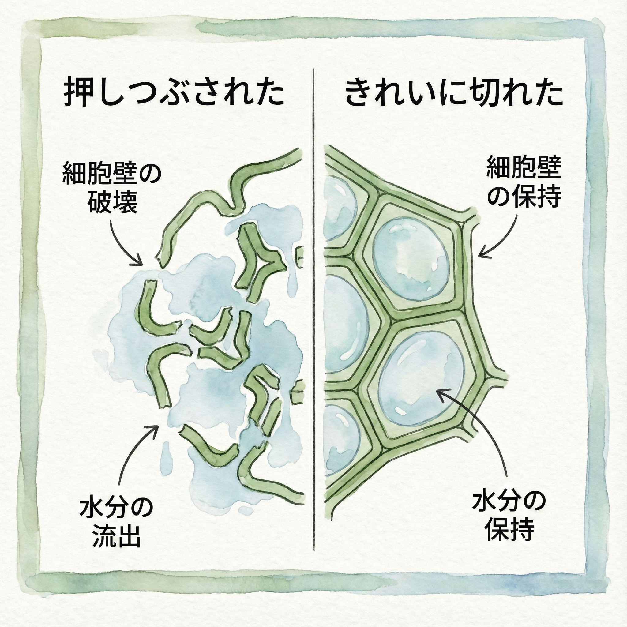 大根の繊維を潰す場合と鋭い刃で切る場合の断面比較イラスト