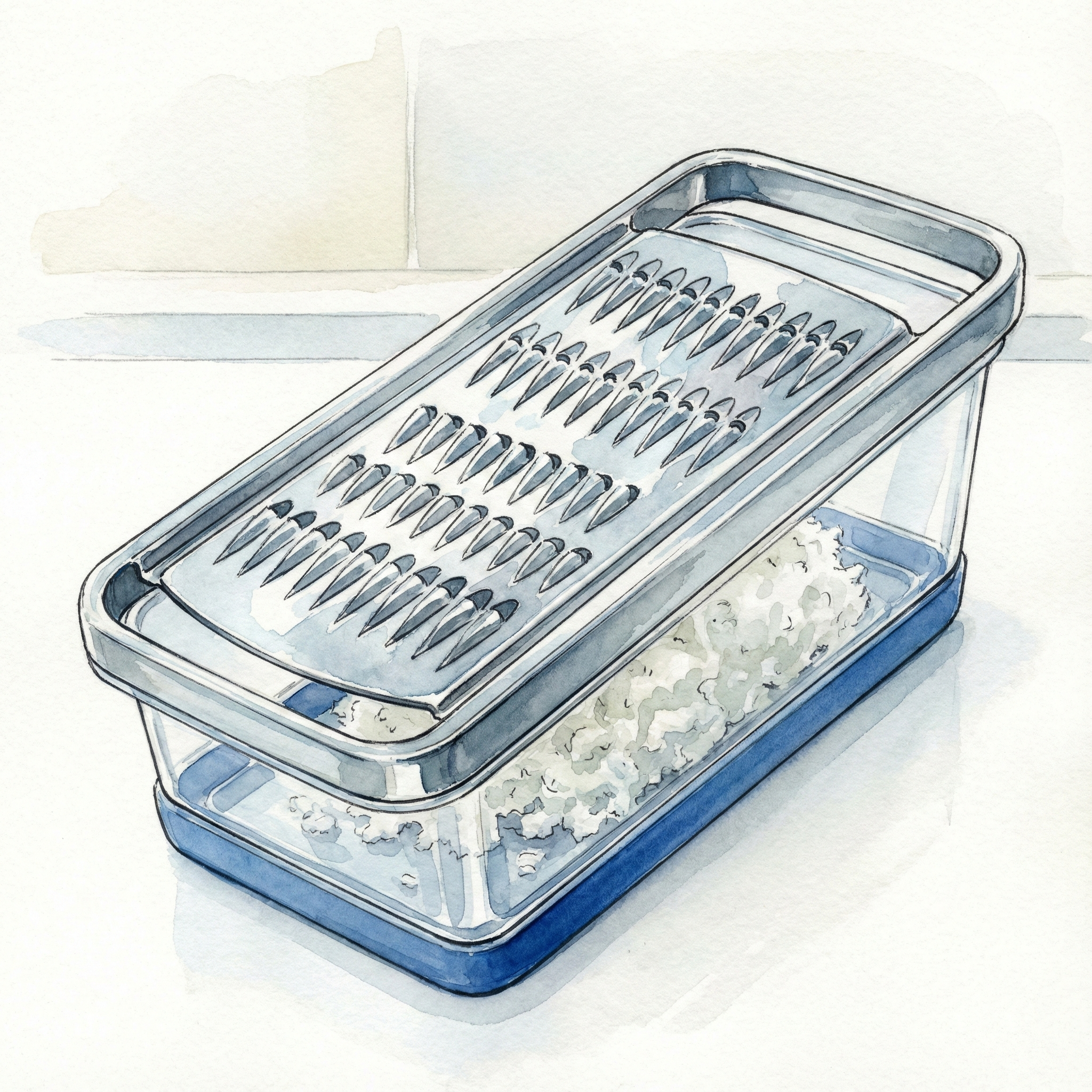 目立てが鋭く容器とセットになったステンレス製おろし金の水彩画風イラスト