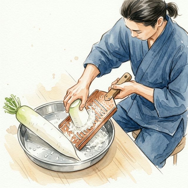大きな銅製おろし金で大根をおろしている水彩画風イラスト