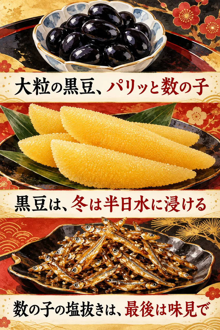 大粒の黒豆、厚みのある数の子、照りのある田作りを縦に並べた、祝い肴三品のまとめイラスト