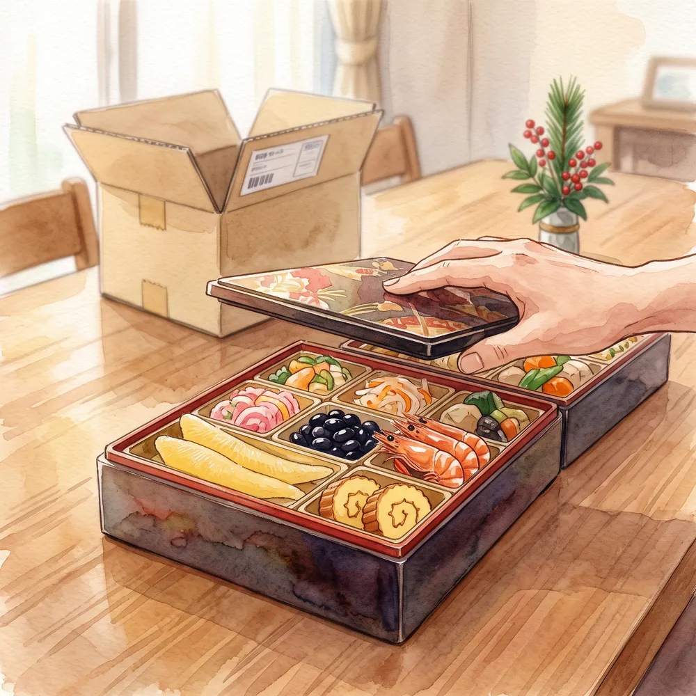 冷蔵で届いたおせちを、そのまま食卓に出している様子
