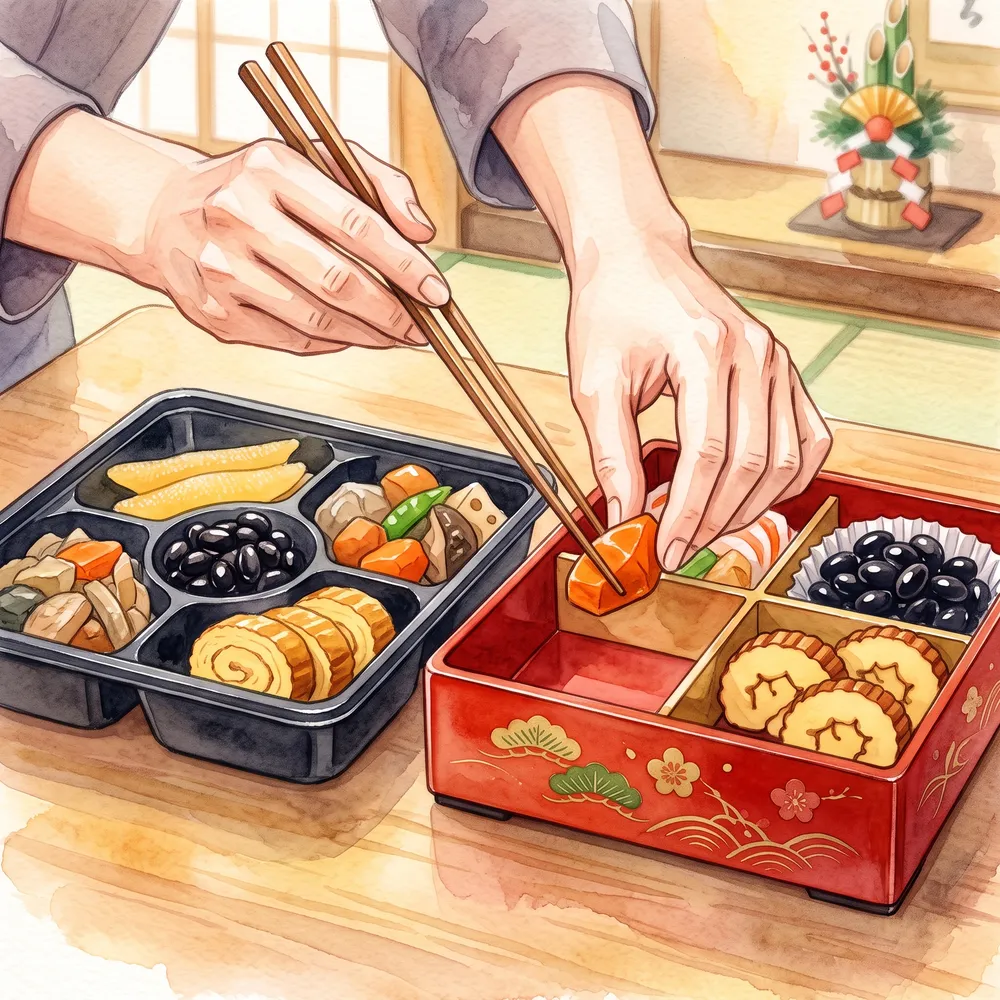通販のおせちを漆の重箱に詰め替えている様子