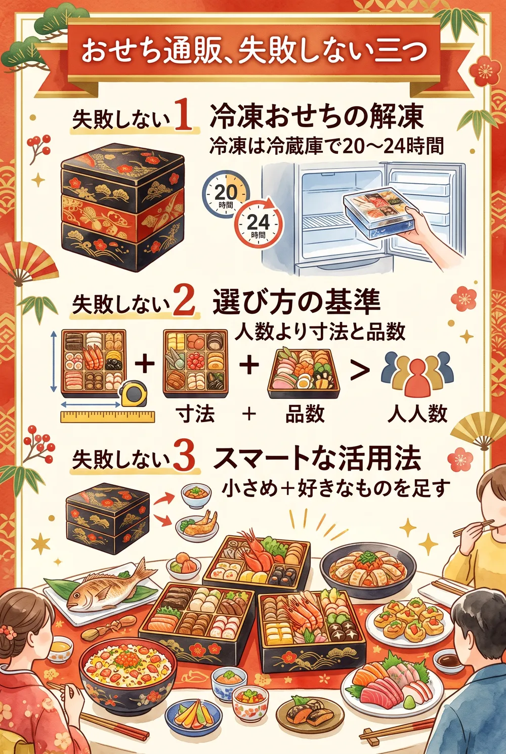 おせち通販の冷凍と生の違い・段取りまとめインフォグラフィック