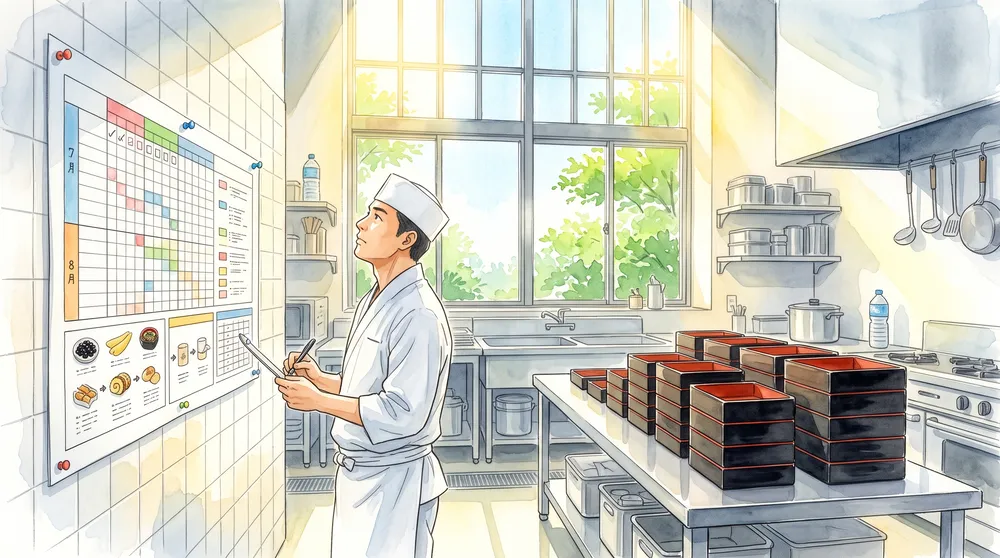夏の厨房で、おせちの仕込みの計画を立てている様子