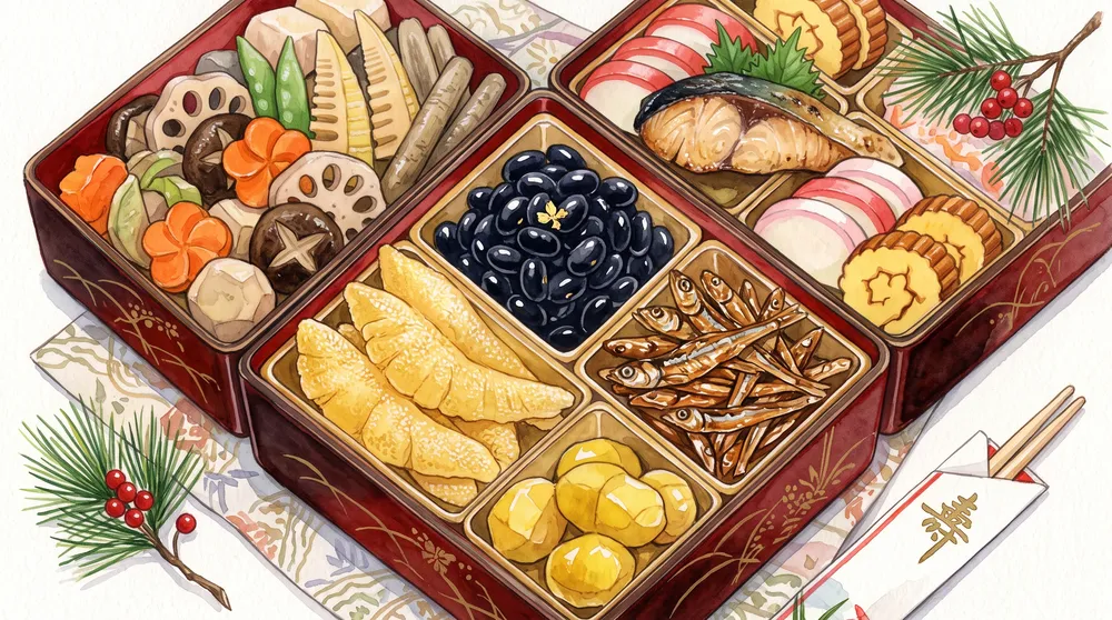 重箱に詰められたおせちの俯瞰。祝い肴と焼き物、煮しめが並ぶ