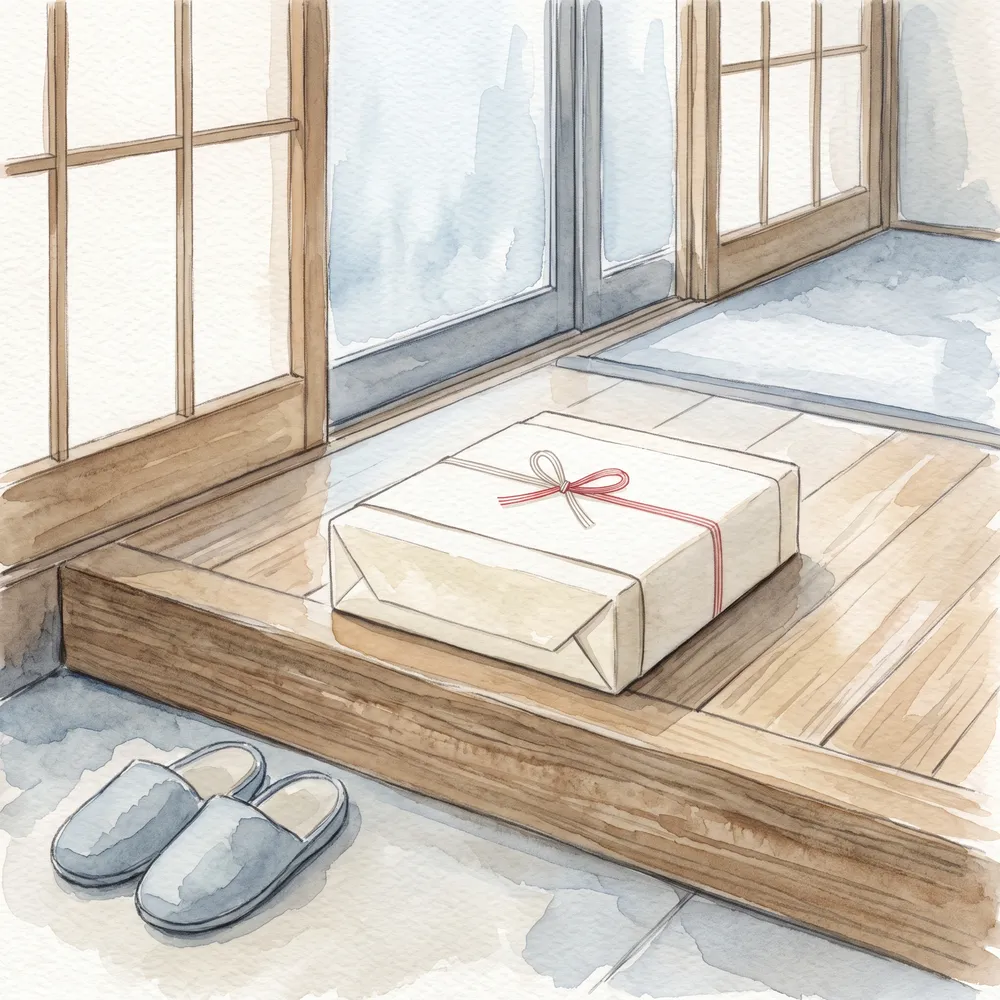 のし紙を掛けた化粧箱が玄関に置かれている様子を描いた水彩イラスト
