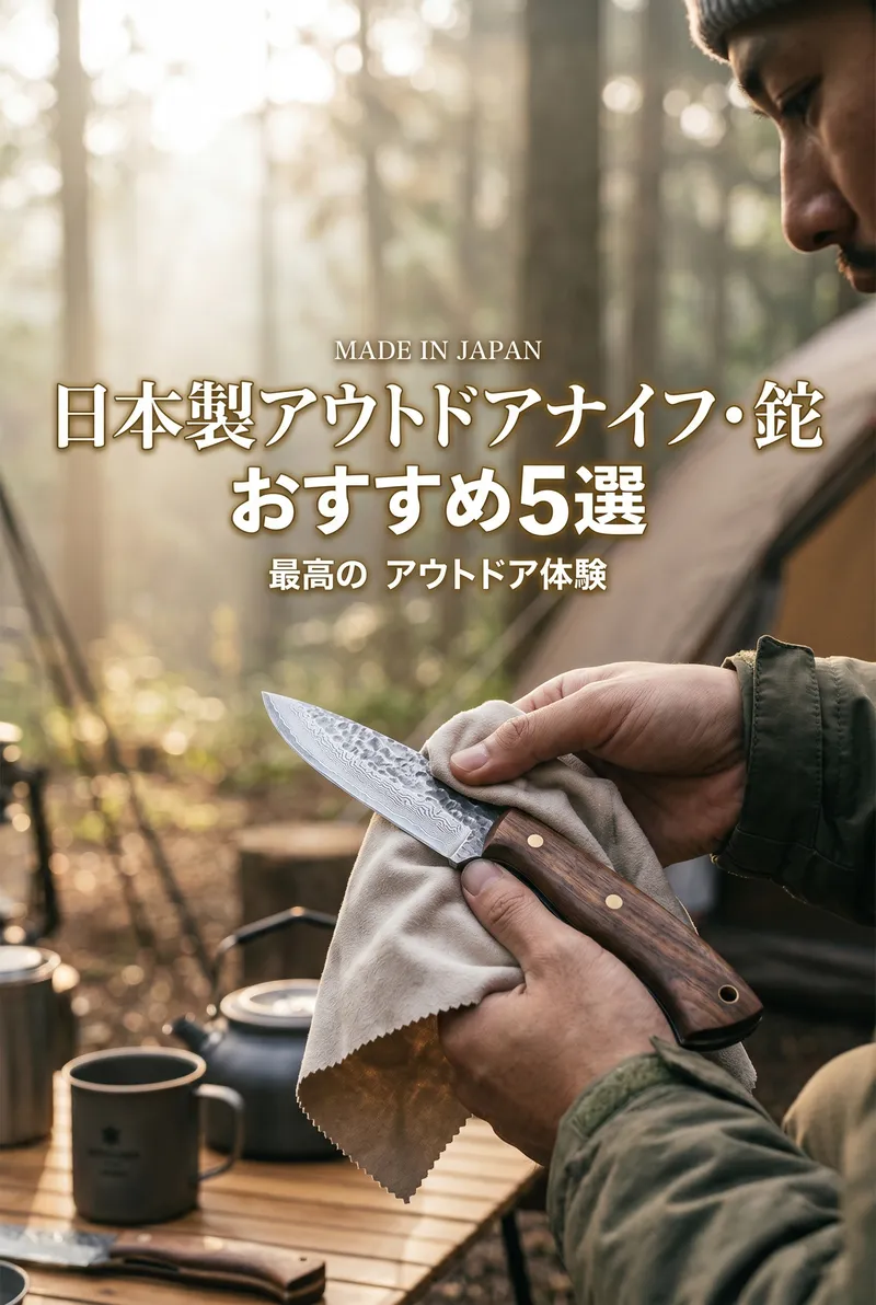 キャンプ場の焚き火の横で、お気に入りの日本製アウトドアナイフを手入れしながら満足げに眺めているキャンパーのまとめイメージ