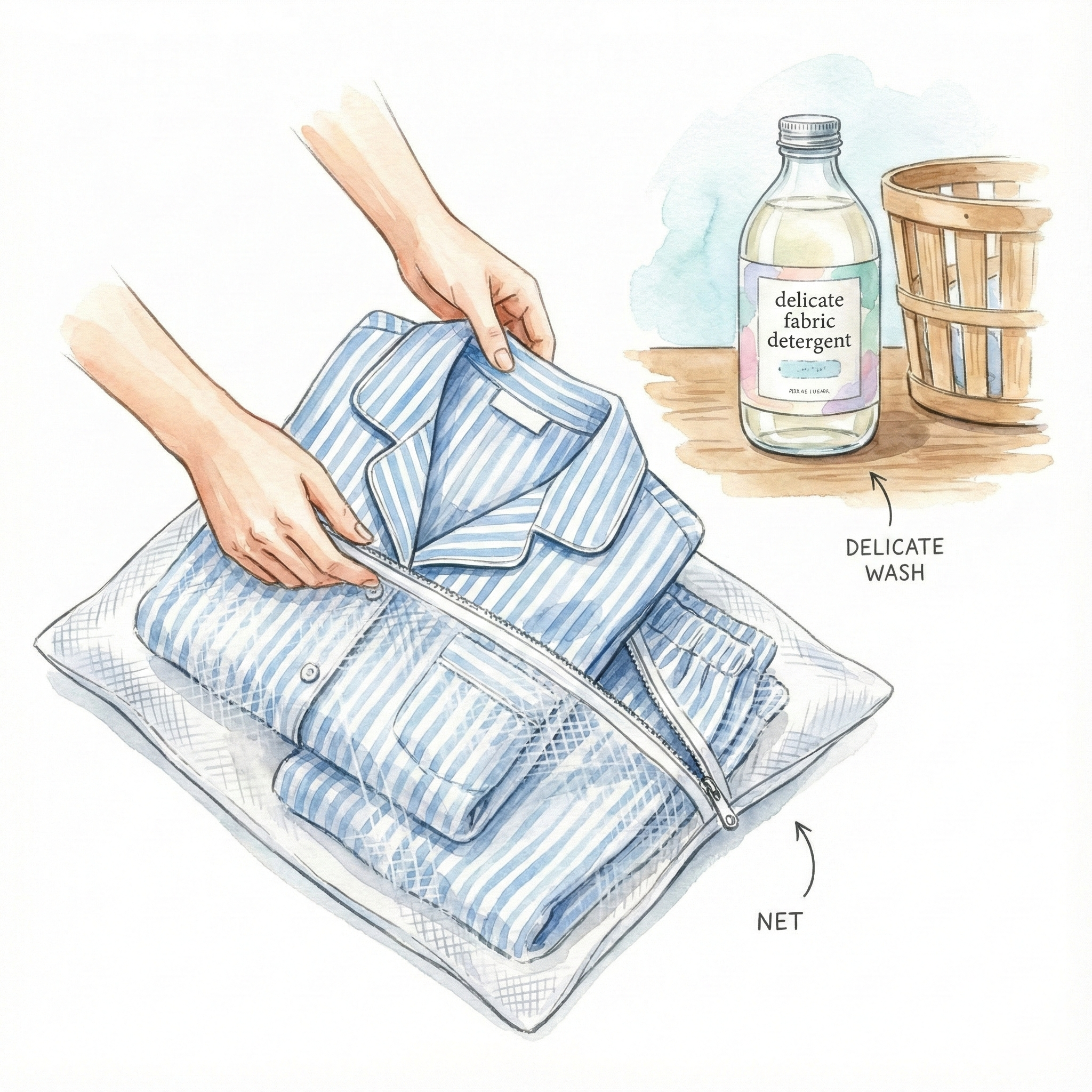 パジャマを畳んで洗濯ネットに入れ、おしゃれ着洗剤で洗う様子のイラスト