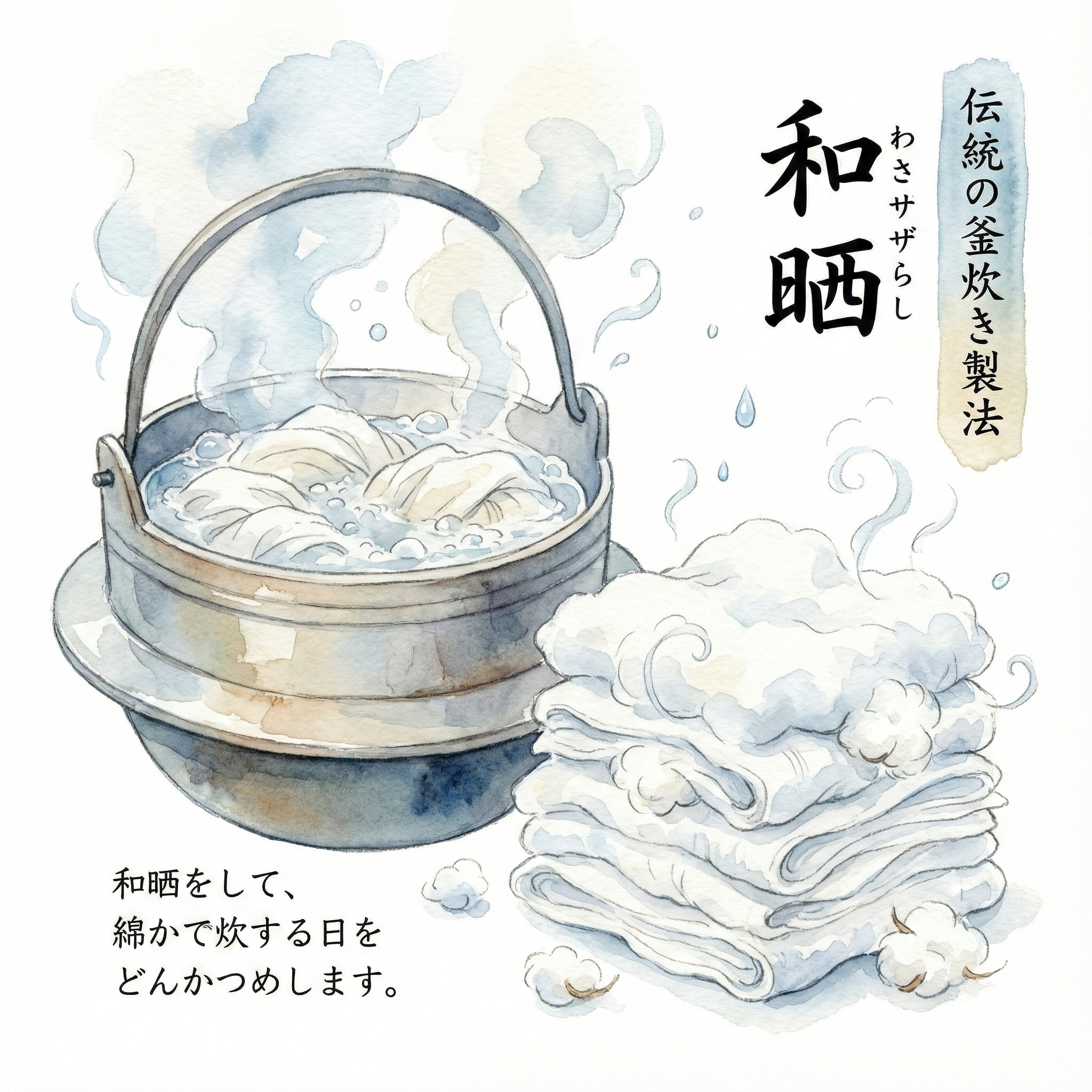 日本の伝統製法である和晒（わざらし）の釜と、ふっくらとしたガーゼ生地のイラスト