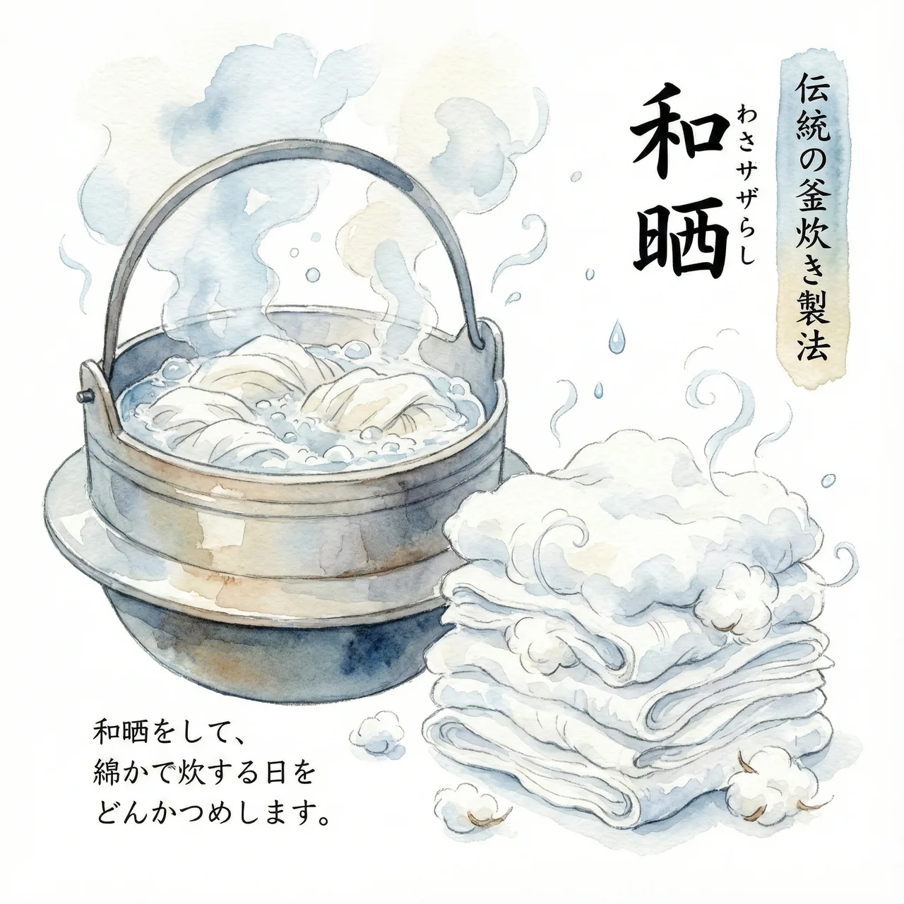 日本の伝統製法である和晒（わざらし）の釜と、ふっくらとしたガーゼ生地のイラスト