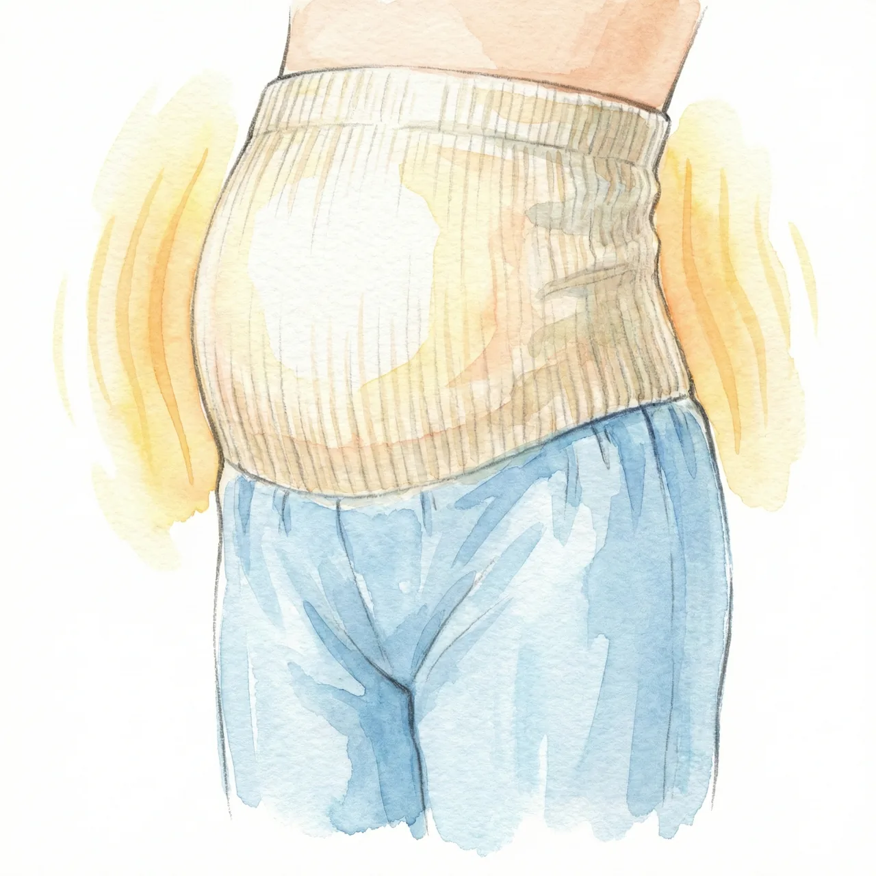 お腹をすっぽりと包み込む、腹巻きと一体型になったパジャマパンツのイラスト