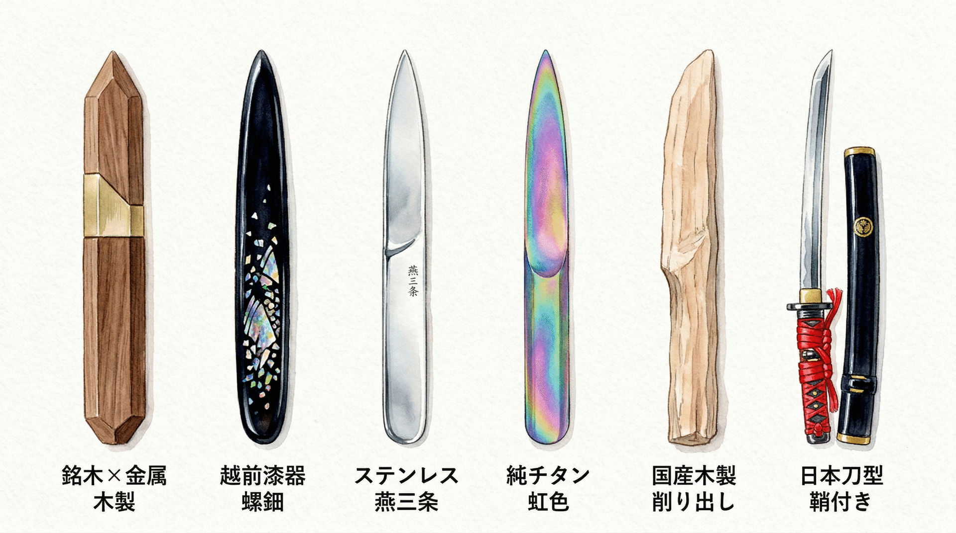 木製ペーパーナイフ（左）と日本刀型ペーパーナイフ（右）の比較イラスト