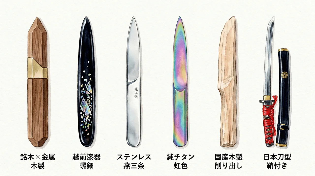 木製ペーパーナイフ（左）と日本刀型ペーパーナイフ（右）の比較イラスト