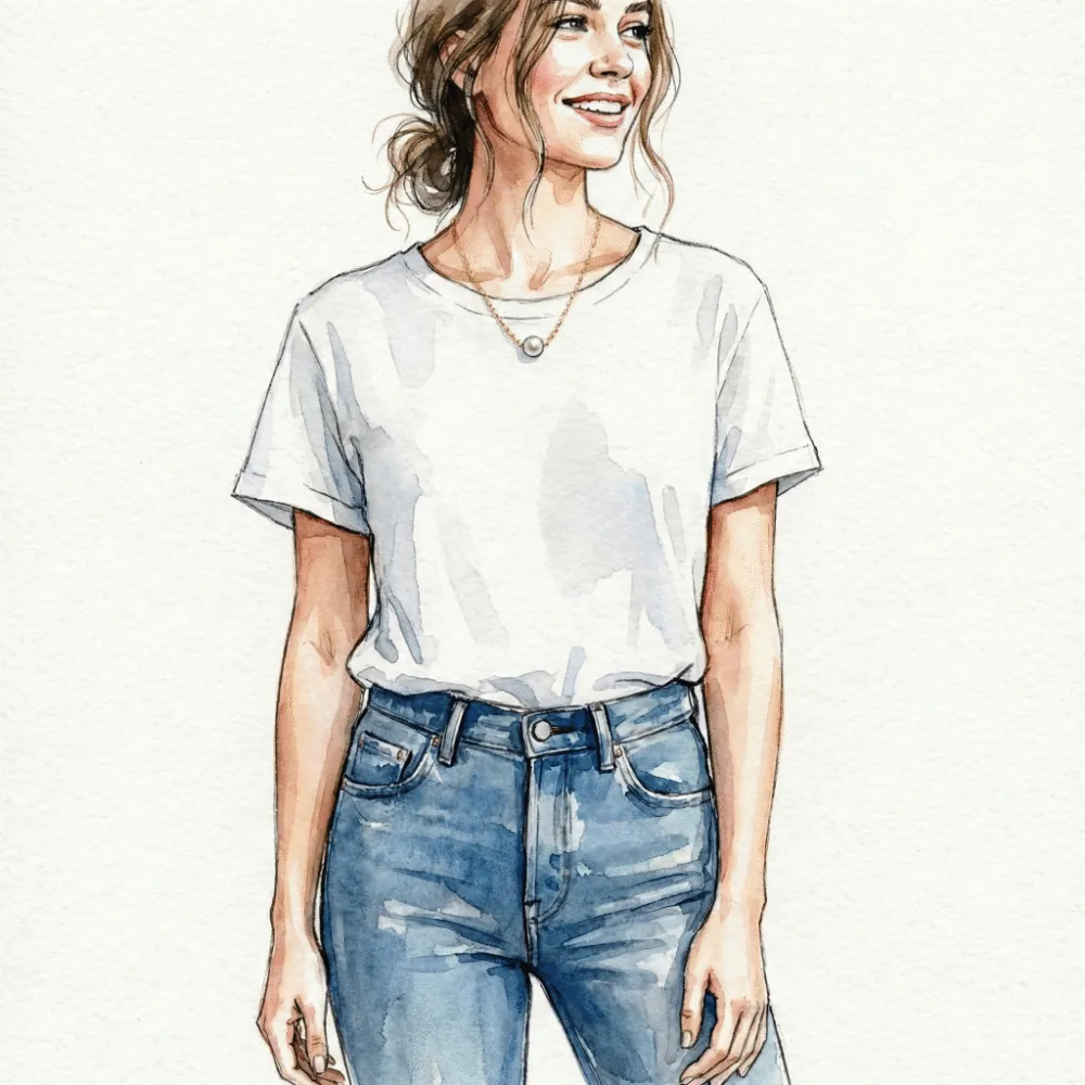 白いTシャツに一粒パールネックレスを合わせた女性の首元のイラスト。シンプルで上品なカジュアルスタイル