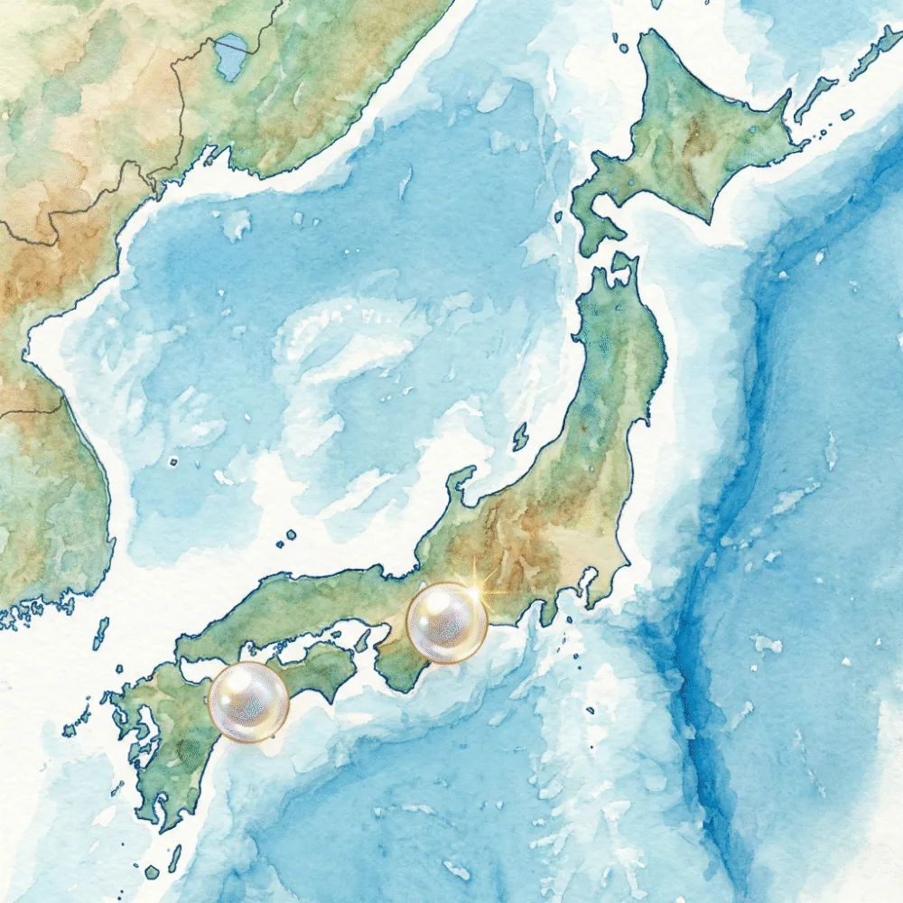 日本地図の三重県（伊勢志摩）と愛媛県（宇和島）に真珠のアイコンを置いた産地マップのイラスト