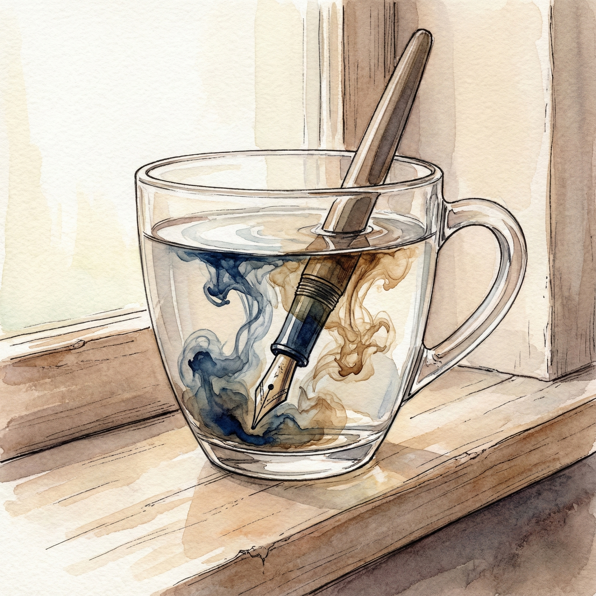 コップの水に万年筆のペン先を浸して洗浄している様子。インクが揺らめいて溶け出している