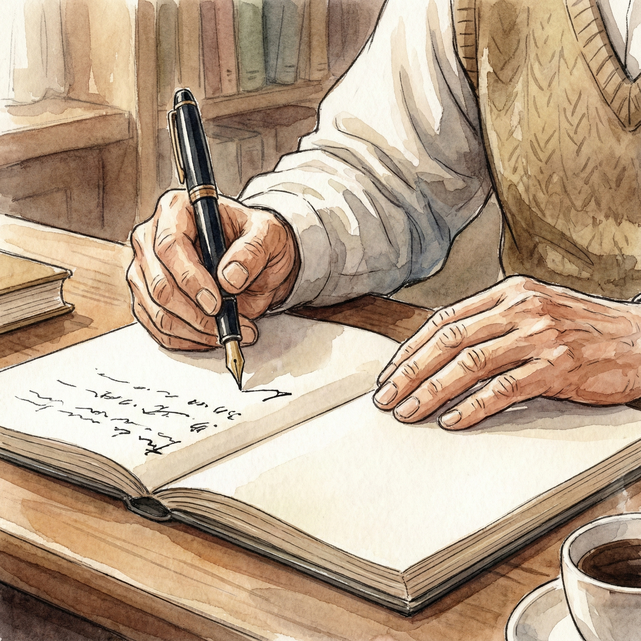 書斎で万年筆を手に持ち、ゆったりとした時間を楽しむ大人の男性のイラスト