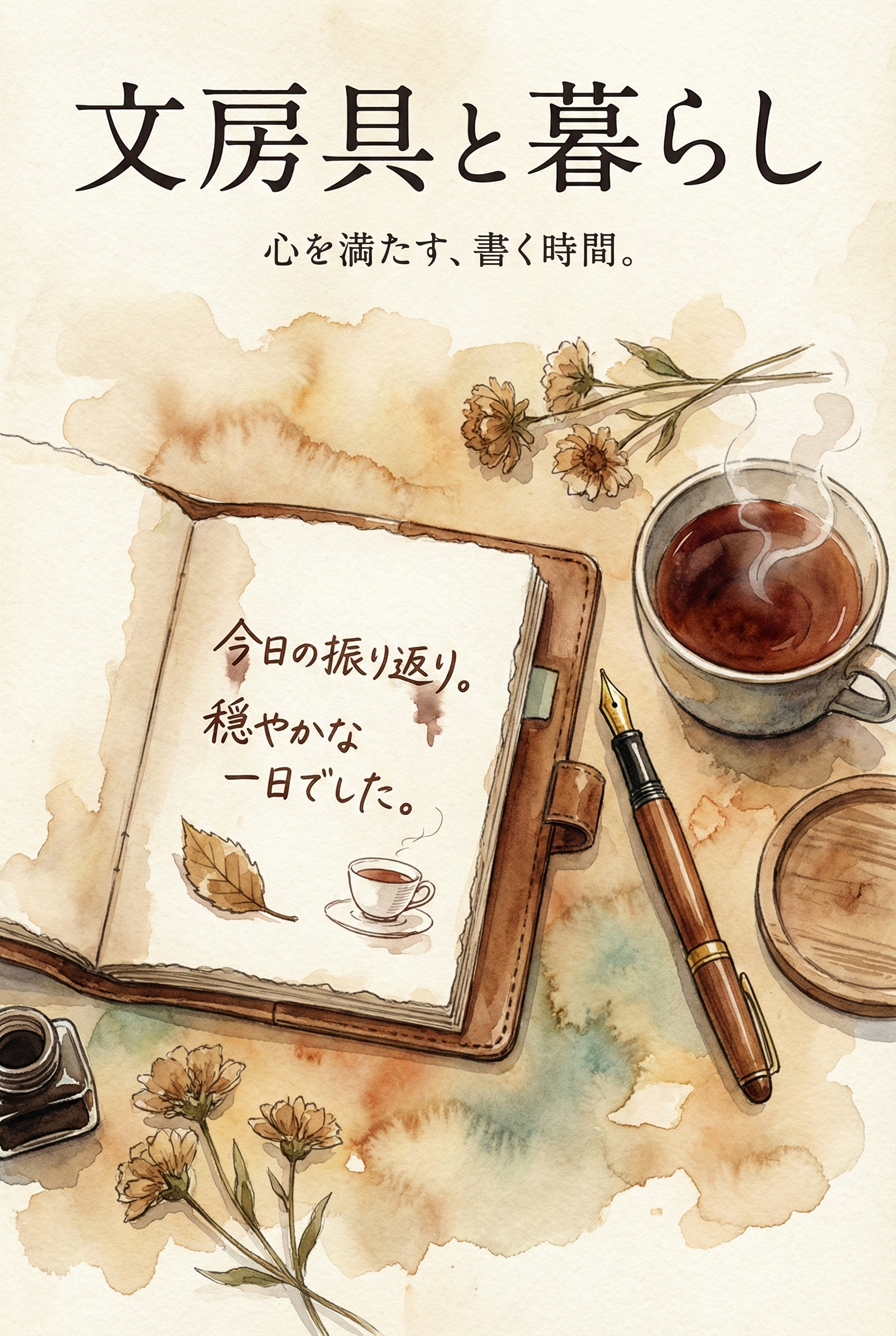 手帳に万年筆で日記を書いているシーン。大人の余裕が感じられる