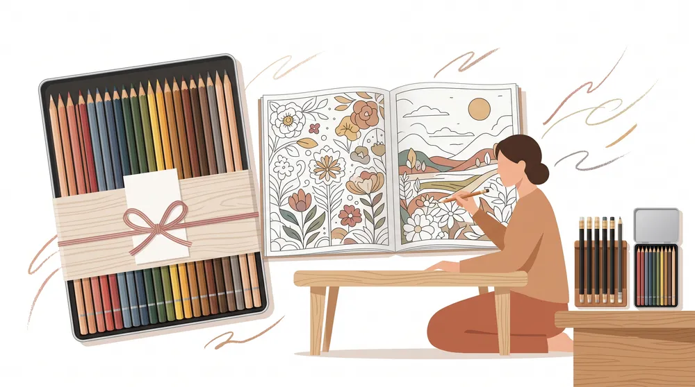 大人が色鉛筆で塗り絵を楽しむ様子と、缶入り色鉛筆のギフトを描いたイラスト
