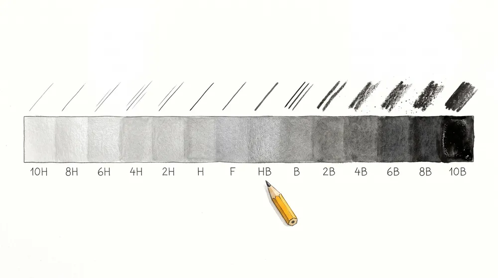 鉛筆の硬度スケールを10Hから10Bまで一本の帯で示した図。左は薄く硬く、右へいくほど濃く柔らかくなる
